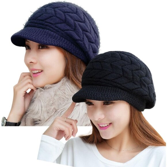 👑Women’s _2hats(black+navy) Winter Warm Knit Wool Snow Ski Hat with Visor